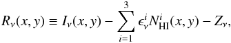 Mathematical equation: \begin{equation} \label{eq:residu} R_\nu(x,y) \equiv I_\nu(x,y) - \sum_{i=1}^3 \epsilon_\nu^i N_{\rm HI}^{i}(x,y) - Z_\nu, \end{equation}