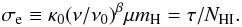 Mathematical equation: \begin{equation} \sigma_{\rm e} \equiv \kappa_0 (\nu/\nu_0)^\beta \mu m_{\rm H} =\tau/N_{\rm HI}. \end{equation}