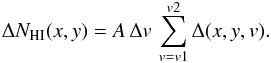Mathematical equation: \appendix \setcounter{section}{1} \begin{equation} \label{eq:noisehi_2} \Delta N_{\rm HI}(x,y) = A\, \Delta v \, \sum_{v=v1}^{v2} \Delta(x,y,v). \end{equation}
