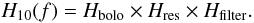 Mathematical equation: \begin{equation} H_{\rm 10} (f) = H_{\rm bolo} \times H_{\rm res} \times H_{\rm filter}. \end{equation}