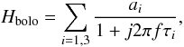 Mathematical equation: \begin{equation} H_{\rm bolo} = \sum_{i = 1,3} \frac{a_i}{1 + j 2 \pi f \tau_i}, \end{equation}