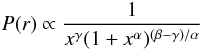 Mathematical equation: \begin{equation} P(r) \propto \frac{1}{x^\gamma (1+x^\alpha)^{(\beta-\gamma)/\alpha}} \end{equation}