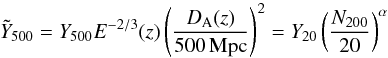 Mathematical equation: \begin{equation} \label{eq:YNrelation} \Yscaled = Y_{500}E^{-2/3}(z)\left(\frac{\Dang(z)}{500\,{\rm Mpc}}\right)^2= \YN\left(\frac{N_{200}}{20}\right)^{\aN} \end{equation}