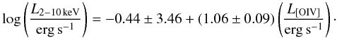Mathematical equation: \begin{equation} \log \left( \frac{L_{2{-}10\,\mathrm{keV}}}{\mathrm{erg\,s}^{-1}} \right) = -0.44 \pm 3.46 + (1.06 \pm 0.09) \left( \frac{L_\mathrm{[OIV]}}{\mathrm{erg\,s}^{-1}} \right)\cdot \end{equation}