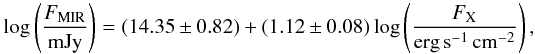 Mathematical equation: \begin{equation} \log \left( \frac{F_\mathrm{MIR}}{\mathrm{mJy}}\right) = ( 14.35 \pm 0.82) + ( 1.12 \pm 0.08 ) \log \left( \frac{F_\mathrm{X}}{\mathrm{erg}\,\mathrm{s}^{-1}\,\mathrm{cm}^{-2}}\right), \end{equation}