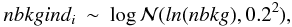 Mathematical equation: \appendix \setcounter{section}{1} \begin{eqnarray} nbkgind_i &\sim& \mathcal{\log N}(ln(nbkg),0.2^2) , \end{eqnarray}