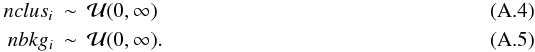Mathematical equation: \appendix \setcounter{section}{1} \begin{eqnarray} nclus_i &\sim& \mathcal{U}(0,\infty) \\ nbkg_i &\sim& \mathcal{U}(0,\infty). \end{eqnarray}