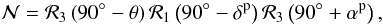Mathematical equation: \begin{equation} \mathcal {N} = \mathcal {R}_3 \left( 90^\circ - \theta \right) \mathcal {R}_1 \left( 90^\circ - \delta^{\rm p}\right) \mathcal{R}_3 \left( 90^\circ + \alpha^{\rm p} \right), \end{equation}