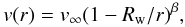 Mathematical equation: \begin{equation} v(r) = v_{\infty}(1 - R_{\rm w}/r)^{\beta}, \end{equation}