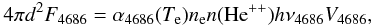 Mathematical equation: \begin{equation} 4\pi d^2 F_{\rm 4686} = \alpha_{4686}(T_{\rm e}) n_{\rm e} n({\rm He}^{++}) h\nu_{4686} V_{4686}, \end{equation}