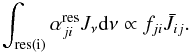 Mathematical equation: \appendix \setcounter{section}{1} \begin{eqnarray*} \int_{\rm res(i)} \alpha_{ji}^{\rm res} J_\nu \dd \nu \propto f_{ji} \bar{J}_{ij}. \end{eqnarray*}