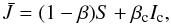 Mathematical equation: \begin{equation} \Jbar = (1-\beta) S + \beta_\mathrm{c} I_\mathrm{c}, \label{jbarsob} \end{equation}