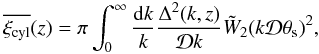 Mathematical equation: \begin{equation} \xicyl(z) = \pi \int_0^{\infty} \frac{\dd k}{k} \frac{\Delta^2(k,z)}{\cD k} \tW_2(k\cD\theta_{\rm s})^2 , \label{I-thetas-def} \end{equation}