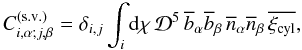 Mathematical equation: \begin{equation} C_{i,\alpha;j,\beta}^{\sv} = \delta_{i,j} \int_i \dd\chi \, \cD^5 \, \bb_{\alpha} \bb_{\beta} \, \nb_{\alpha} \nb_{\beta} \, \xicyl , \label{Cij-7} \end{equation}