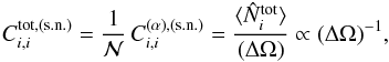 Mathematical equation: \begin{equation} C^{\rm tot,(s.n.)}_{i,i} = \frac{1}{\cN} \, C^{\rm (\alpha),(s.n.)}_{i,i} = \frac{\lag \hN^{\rm tot}_i \rag}{(\Delta\Omega)} \propto (\Delta\Omega)^{-1} , \label{CN-tot-sn} \end{equation}
