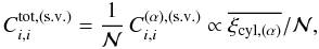 Mathematical equation: \begin{equation} C^{\rm tot,(s.v.)}_{i,i} = \frac{1}{\cN} \, C^{\rm (\alpha),(s.v.)}_{i,i} \propto \xicylalpha/\cN , \label{CN-tot-mf} \end{equation}