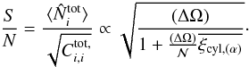 Mathematical equation: \begin{equation} \frac{S}{N} = \frac{\lag \hN^{\rm tot}_i \rag}{\sqrt{C^{\rm tot,}_{i,i}}} \propto \sqrt{\frac{(\Delta\Omega)}{1+\frac{(\Delta\Omega)}{\cN} \xicylalpha}} \cdot \label{SN-Ntot} \end{equation}