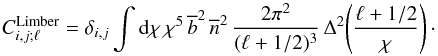 Mathematical equation: \begin{equation} C_{i,j;\ell}^{\rm Limber} = \delta_{i,j} \int \dd \chi \, \chi^5 \, \bb^2 \, \nb^2 \, \frac{2\pi^2}{(\ell+1/2)^3} \, \Delta^2\!\left(\frac{\ell+1/2}{\chi}\right) \cdot \label{Cl-flat} \end{equation}