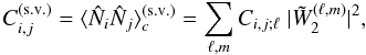 Mathematical equation: \begin{equation} C_{i,j}^{\sv} = \lag \hN_i \hN_j \rag_c^{\sv} = \sum_{\ell,m} C_{i,j;\ell} \; | \tW_2^{(\ell,m)}|^2 , \label{Cii-W2} \end{equation}