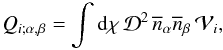 Mathematical equation: \begin{equation} \QQ_{i;\alpha,\beta} = \int \dd\chi \, \cD^2 \, \nb_{\alpha} \nb_{\beta} \, \cV_i , \label{QQ-1} \end{equation}