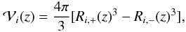 Mathematical equation: \begin{equation} \cV_i(z) = \frac{4\pi}{3} [\Rip(z)^3-\Rim(z)^3] , \label{Vi-def} \end{equation}