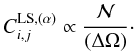 Mathematical equation: \begin{equation} C_{i,j}^{\rm LS,(\alpha)} \propto \frac{\cN}{(\Delta\Omega)} \cdot \label{Cij-LS-alpha} \end{equation}