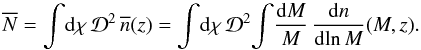 Mathematical equation: \begin{equation} \Nb = \int\! \dd\chi \, \cD^2 \, \nb(z) = \int\! \dd\chi \, \cD^2 \! \int\! \frac{\dd M}{M} \, \frac{\dd n}{\dd\!\ln M}(M,z) . \label{Nb-Om} \end{equation}