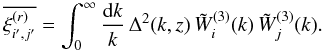 Mathematical equation: \appendix \setcounter{section}{4} \begin{equation} \overline{\xir_{i',j'}} = \int_0^{\infty} \frac{\dd k}{k} \, \Delta^2(k,z) \, \tW_i^{(3)}(k) \, \tW_j^{(3)}(k) . \label{I3-ij-def} \end{equation}