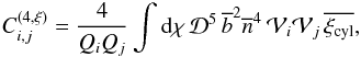Mathematical equation: \appendix \setcounter{section}{4} \begin{equation} C_{i,j}^{(4,\xi)} = \frac{4}{\QQ_i\QQ_j} \int \dd\chi \, \cD^5 \, \bb^2 \nb^4 \, \cV_i \cV_j \, \xicyl , \label{C4-xi-2} \end{equation}