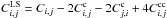 Mathematical equation: \hbox{$C^{\rm LS}_{i,j} = C_{i,j} - 2 C_{i,j}^{\rm c} - 2 C_{j,i}^{\rm c} + 4 C^{\rm cc}_{i,j}$}