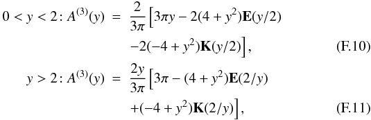 Mathematical equation: \appendix \setcounter{section}{6} \begin{eqnarray} 0< y< 2\!: A^{(3)}(y) & = & \frac{2}{3\pi} \left[ 3\pi y - 2 (4+y^2) {\bf E}(y/2) \right .\nonumber \\ && \left. - 2 (-4+y^2) {\bf K}(y/2) \right] , \\ y> 2\! : A^{(3)}(y) & = & \frac{2 y}{3\pi} \left[ 3\pi - (4+y^2) {\bf E}(2/y) \right .\nonumber \\ \label{A3_y} && \left. + (-4+y^2) {\bf K}(2/y) \right] , \end{eqnarray}