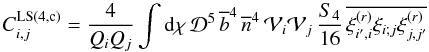Mathematical equation: \appendix \setcounter{section}{6} \begin{equation} C_{i,j}^{\rm LS (4,c)} = \frac{4}{\QQ_i\QQ_j} \int \dd\chi \, \cD^5 \, \bb^4 \, \nb^4 \, \cV_i \cV_j \, \frac{S_4}{16} \, \overline{\xir_{i',i}\xi_{i;j}\xir_{j,j'}} \label{C4-c-1} \end{equation}