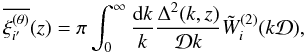 Mathematical equation: \appendix \setcounter{section}{7} \begin{equation} \overline{\xith_{i'}}(z) = \pi \int_0^{\infty} \frac{\dd k}{k} \frac{\Delta^2(k,z)}{\cD k} \tW_i^{(2)}(k\cD) , \label{I2i-def} \end{equation}