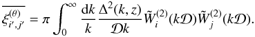 Mathematical equation: \appendix \setcounter{section}{8} \begin{equation} \overline{\xith_{i',j'}} = \pi \int_0^{\infty} \frac{\dd k}{k} \frac{\Delta^2(k,z)}{\cD k} \tW_i^{(2)}(k\cD) \tW_j^{(2)}(k\cD) . \label{I2ij-def} \end{equation}