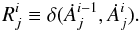 Mathematical equation: \begin{equation} R_{j}^{i} \equiv \delta(\dot{A}_{j}^{i-1}, \dot{A}_{j}^{i}). \end{equation}