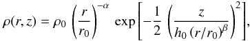 Mathematical equation: \begin{equation} \label{eq:disk} \rho(r, z) = \rho_0\,\left(\frac{r}{r_0}\right)^{-\alpha}\,\exp{\left[-\frac{1}{2}\,\left(\frac{z}{h_0 \left(r/r_0\right)^{\beta}}\right)^2\right]}, \end{equation}