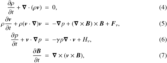 Mathematical equation: \begin{eqnarray} \frac{\partial \rho}{\partial t}+\boldnabla\cdot(\rho\vec{v}) &=& 0,\label{n_mass}\\ \rho\frac{\partial\vec{v}}{\partial t}+\rho(\vec{v}\cdot\boldnabla)\vec{v} &=& -\boldnabla p + (\boldnabla\times\vec{B})\times\vec{B} + \vec{F}_{\nu},\label{n_motion}\\ \frac{\partial p}{\partial t}+\vec{v}\cdot\boldnabla p &=& -\gamma p \boldnabla\cdot\vec{v}+H_{\nu},\label{n_energy}\\ \frac{\partial\vec{B}}{\partial t} &=& \boldnabla\times(\vec{v}\times\vec{B}),\label{n_induction} \end{eqnarray}