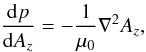 Mathematical equation: \begin{equation} \frac{{\rm d}p}{{\rm d}A_z} = -\frac{1}{\mu_0}\nabla^2A_z , \label{gradshaf} \end{equation}