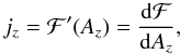 Mathematical equation: \begin{equation} j_z=\mathcal{F}^{\prime}(A_z)=\frac{{\rm d}\mathcal{F}}{{\rm d}A_z}, \label{j_Az} \end{equation}