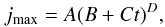 Mathematical equation: \begin{equation} j_{\rm max}=A(B+Ct)^D, \end{equation}
