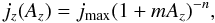 Mathematical equation: \begin{equation} j_z(A_z) = j_{\rm max}(1+m A_z)^{-n}, \label{fit} \end{equation}