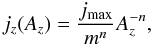 Mathematical equation: \begin{equation} j_z(A_z)=\frac{j_{\rm max}}{m^n}A_z^{-n} , \label{sing} \end{equation}