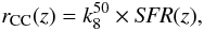 Mathematical equation: \begin{equation} r_{\rm CC} (z) = k^{50}_8 \times {\it SFR}(z) , \end{equation}