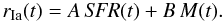 Mathematical equation: \begin{equation} r_{\rm Ia}(t)= A \, {\it SFR}(t) + B \, M(t) . \end{equation}