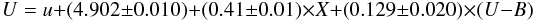 Mathematical equation: $$ U = u + (4.902\pm0.010) + (0.41\pm0.01) \times X + (0.129\pm0.020) \times (U-B)$$