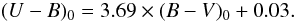 Mathematical equation: \begin{equation} (U-B)_0 = 3.69 \times (B-V)_0 + 0.03. \end{equation}