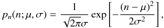 Mathematical equation: \appendix \setcounter{section}{1} \begin{equation} p_n(n;\mu,\sigma) = \frac{1}{\sqrt{2\pi} \sigma}\exp\left[-\frac{\left(n - \mu\right)^2}{2\sigma^2}\right], \label{eq:normal_pdf} \end{equation}