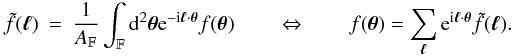 Mathematical equation: \appendix \setcounter{section}{3} \begin{eqnarray} \ft{f}(\vell) &=& \frac{1}{\AFOV}\int_{\FOV}\idiff[2]{\vtheta} \ee^{-\ii \vell \cdot \vtheta} f(\vtheta) \qquad\Leftrightarrow\qquad f(\vtheta) = \sum_{\vell} \ee^{\ii \vell \cdot \vtheta} \ft{f}(\vell). \end{eqnarray}