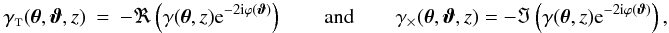 Mathematical equation: \appendix \setcounter{section}{3} \begin{eqnarray} \gammat(\vtheta,\vvartheta,z) &=& -\Re\left(\gamma(\vtheta,z)\ee^{-2\ii\varphi(\vvartheta)}\right) \qquad{\rm and}\qquad \gammax(\vtheta,\vvartheta,z) = -\Im\left(\gamma(\vtheta,z)\ee^{-2\ii\varphi(\vvartheta)}\right), \end{eqnarray}