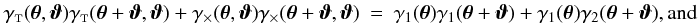 Mathematical equation: \appendix \setcounter{section}{3} \begin{eqnarray} \label{eq:gtgt_p_gxgx_to_cartesian} \gammat(\vtheta,\vvartheta)\gammat(\vtheta + \vvartheta,\vvartheta) + \gammax(\vtheta,\vvartheta)\gammax(\vtheta + \vvartheta,\vvartheta) &=& \gamma_1(\vtheta)\gamma_1(\vtheta + \vvartheta) + \gamma_1(\vtheta)\gamma_2(\vtheta + \vvartheta) {\rm , and} \end{eqnarray}